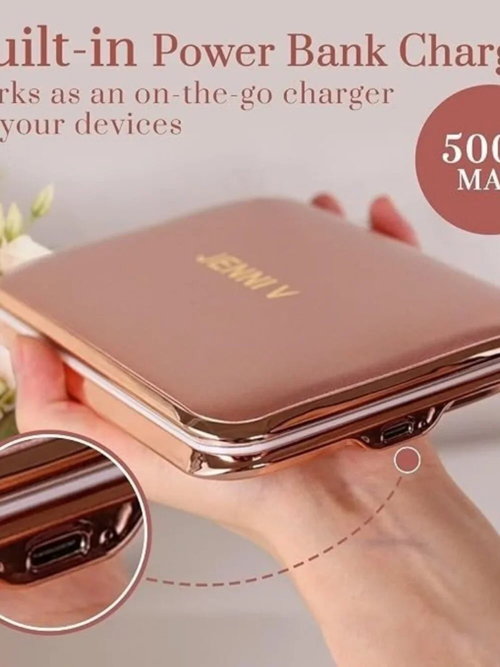 Jenni V Rose Gold LED Lighted Compact Mirror 5X Magnifying Power Bank